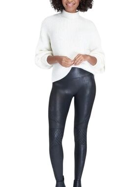 SPANX Quilted Faux Leather Leggings - Black Sz L